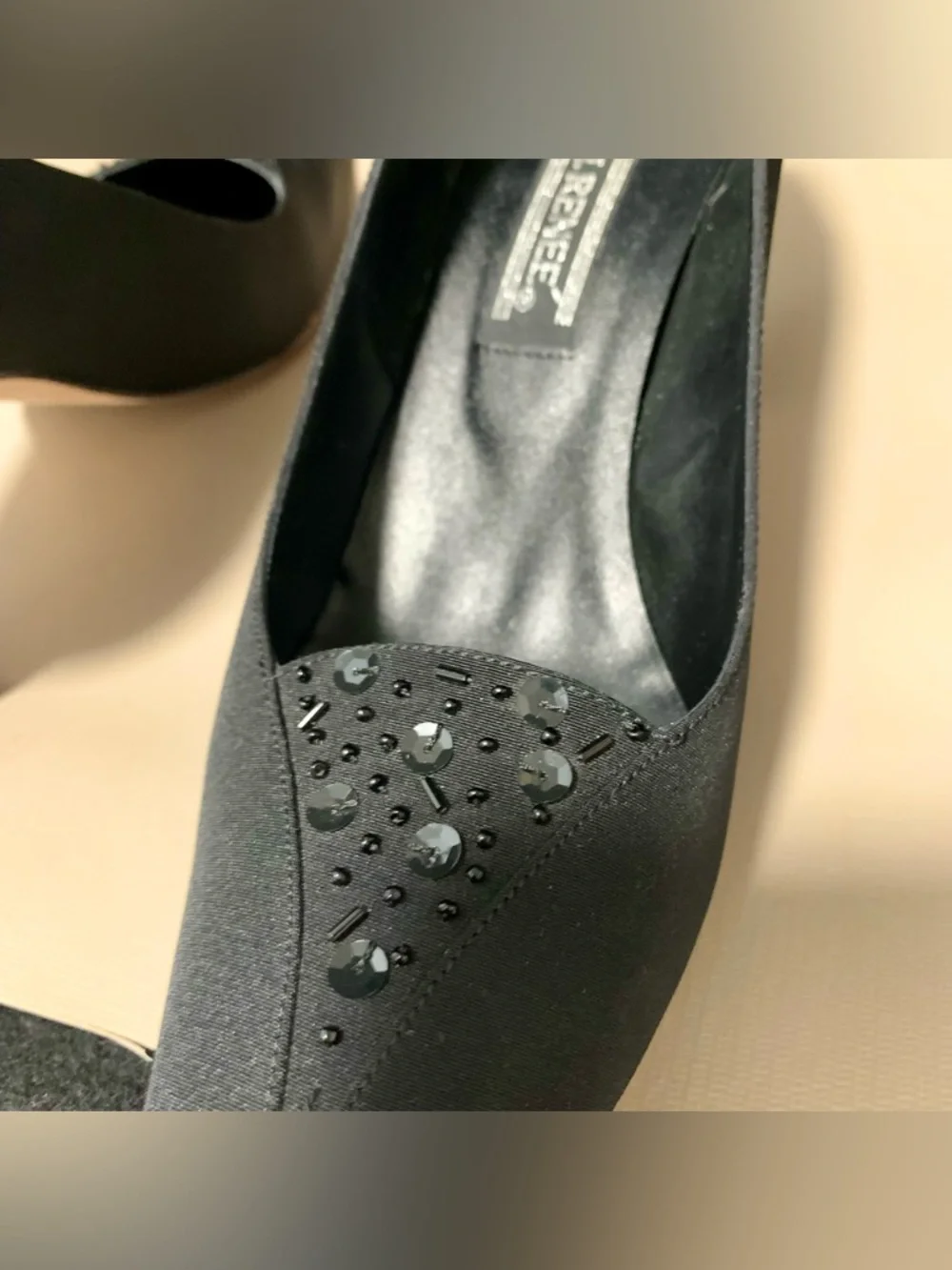 J. Renee Vintage Black Beaded Evening Pumps Heels 9.5M Leather Sole Original Box